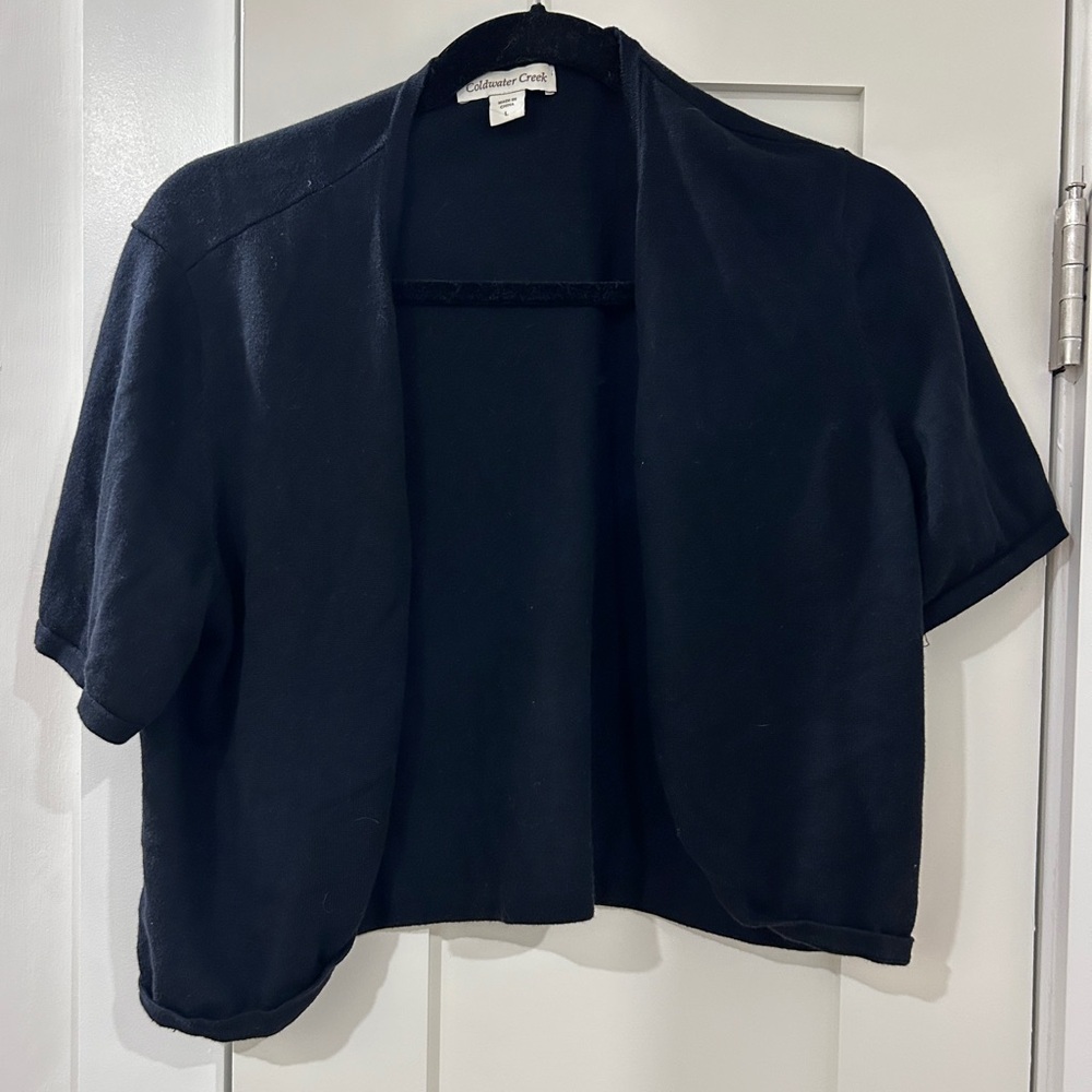 Coldwater creek black short sleeve shrug open cardigan sleeves 100% cotton L